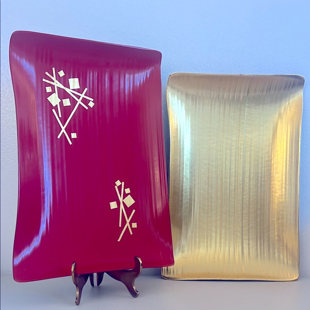 Vtg Zohiko Lacquerware Bamboo Skin Plates 2 Red & Gold Tea Ceremony Dried Sweets
